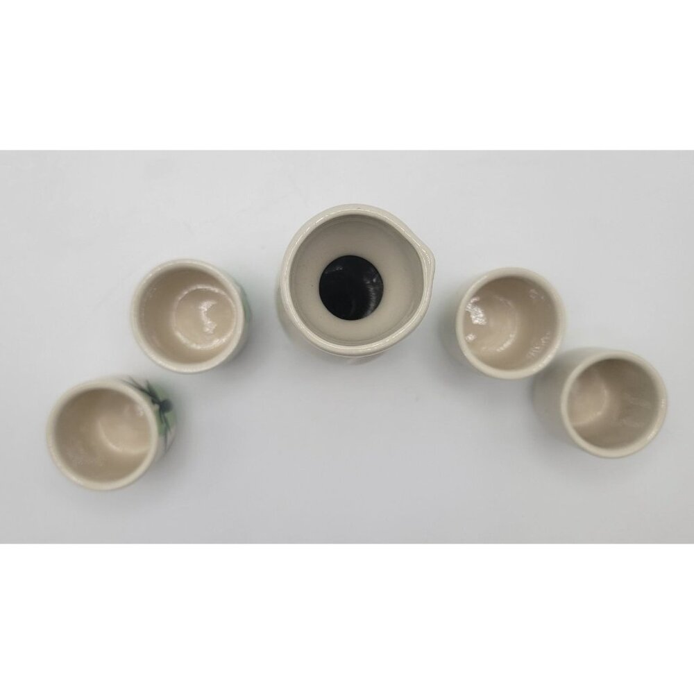 Vintage Ceramic Sake Set – Bamboo Motif Tokkuri with 4 Cups – Japanese Style Sto - Picture 6 of 9